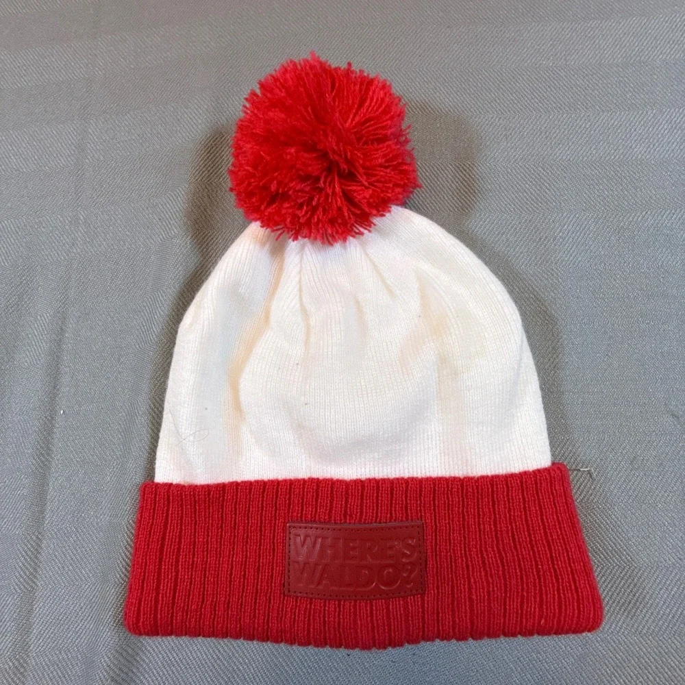 Wheres Waldo Red White Striped Knit Beanie Pom Pom Hat Costume Accessory 2262
